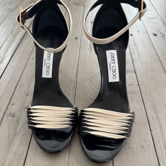 Jimmy Choo Livvi 85 Two-tone Leather Sandals Heels White Black - Picture 4 of 14